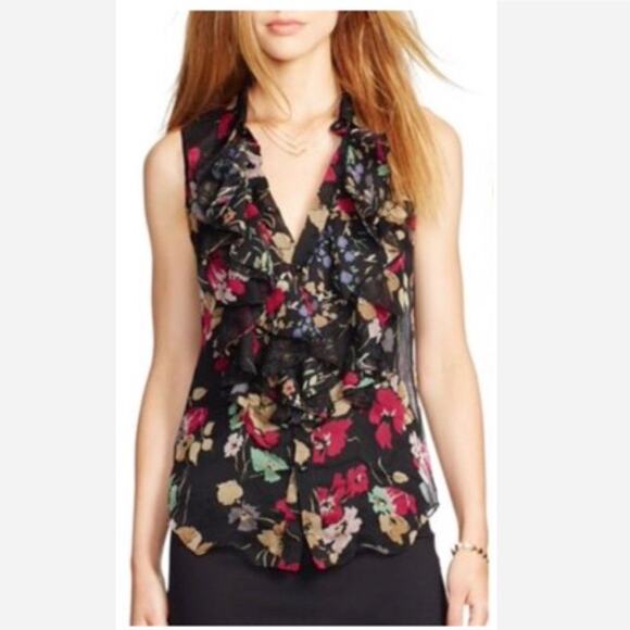 Ralph Lauren Size 10 Ruffled Sleeveless Blouse Sheer Floral Black Pink - Picture 2 of 10